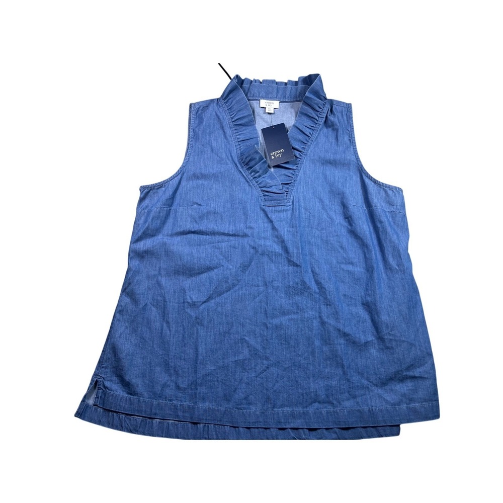 Crown & Ivy NWT XL Blue Chambray Ruffle Neck Short Sleeve Top